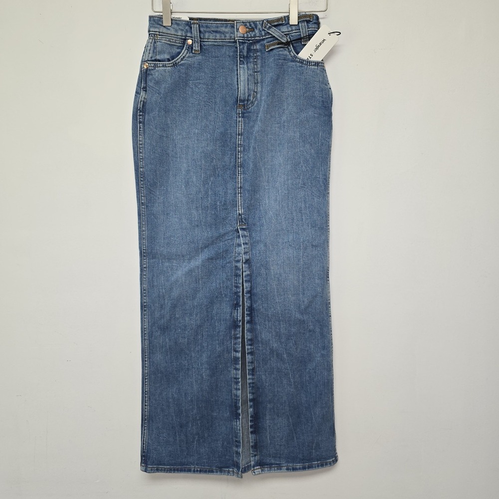 Wrangler + Staud Denim Skirt Size 24 The Maxi Boho Cowgirl Rodeo Front Slit NWT